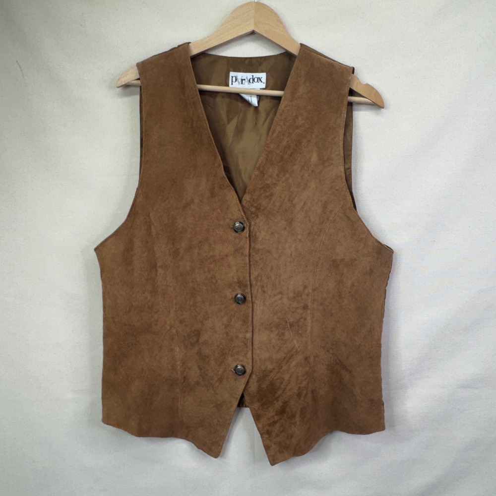 Paradox Women Suede Leather Vest Oklahoma Seal Buttons Tan Brown Size 12